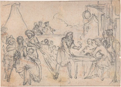 Study for "Hob Selling Beer at the Wake," etched vignette in "Songs in the Opera of Flora" by Hubert François Gravelot, drawing, 1732-1742