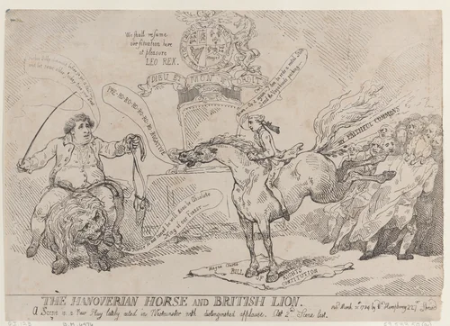 The Hanoverian Horse and British Lion by Thomas Rowlandson, print, 1784