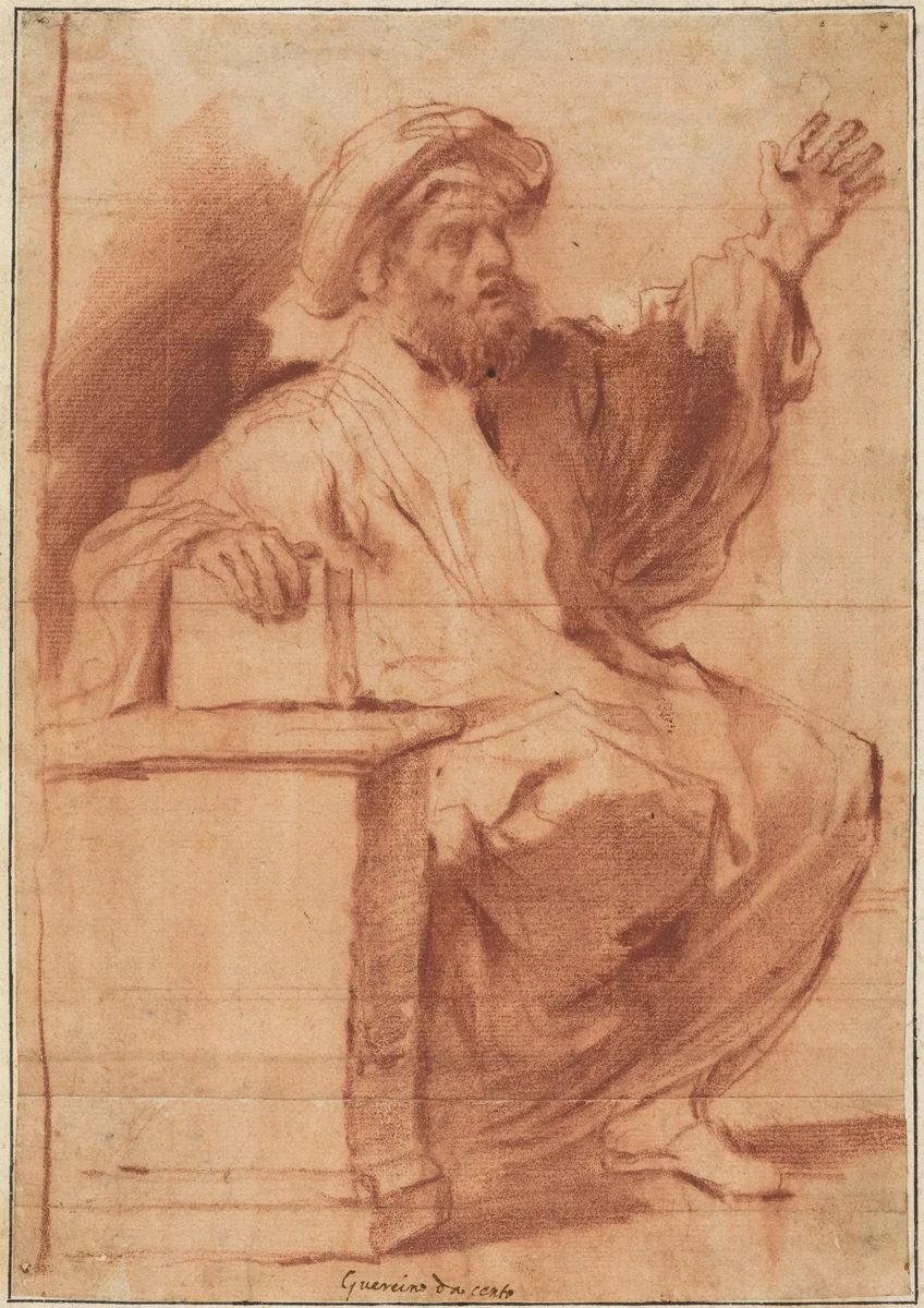 Seated Prophet by Anonymous Artist; Guercino, drawing, 1591-1666