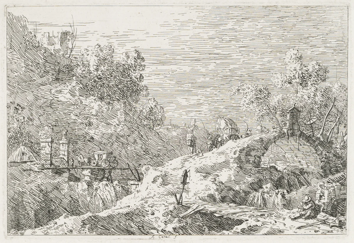 Views: Mountain Landscape with Five Bridges by Antonio Canaletto, print, 1735-1746