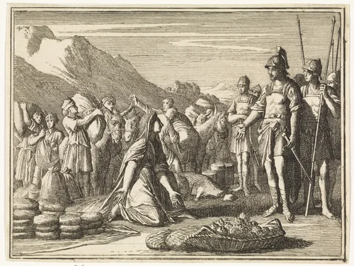 Abigaïl knielt voor David en biedt hem de meegebrachte spijzen aan by Caspar Luyken, print, 1712