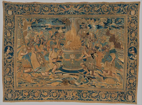 The Prophecy of Calchas from a set of The Story of Troy by Bernard Salomon, textile, 1620-1630