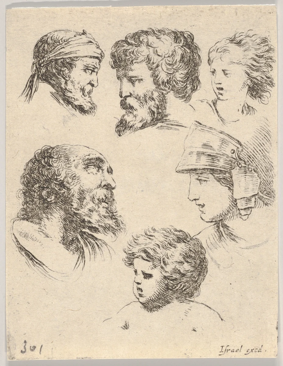 Plate 10: Six heads, three bearded men, one soldier, and two children, from "The Book for Learning to Draw" (Livre pour apprendre à dessiner) by Stefano della Bella, print, 1647-1652