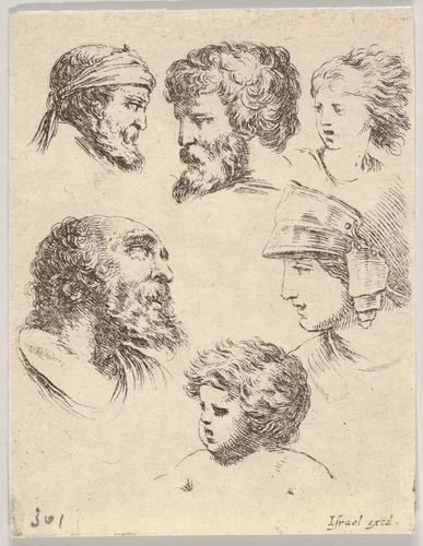 Plate 10: Six heads, three bearded men, one soldier, and two children, from "The Book for Learning to Draw" (Livre pour apprendre à dessiner) by Stefano della Bella, print, 1647-1652