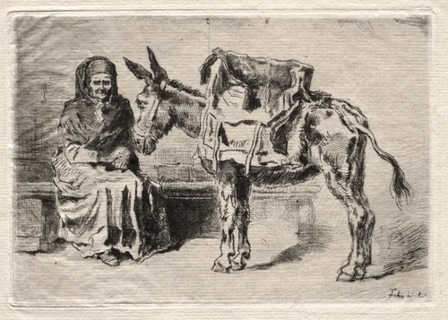 Seated woman with Mule by Félix Hilaire Buhot, print, 1875