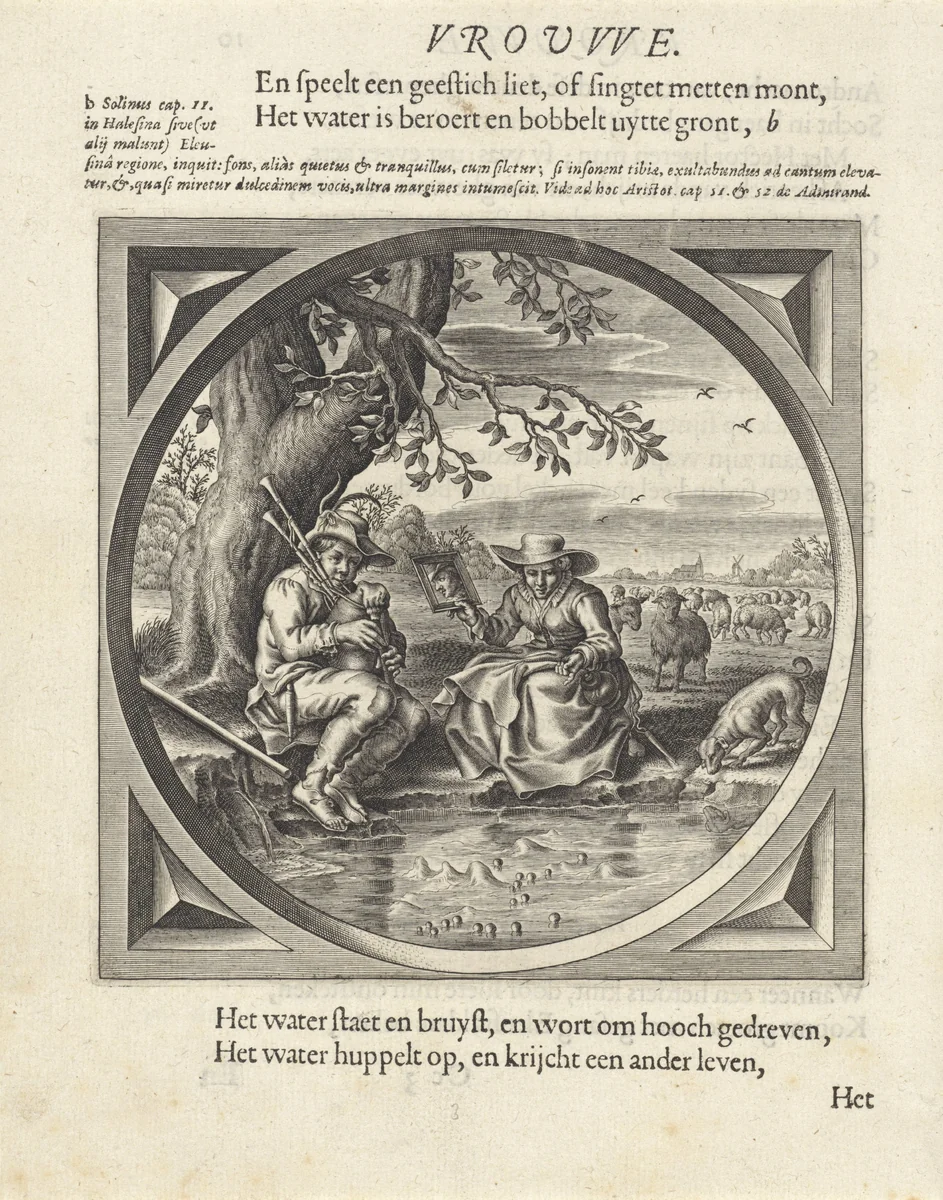 Doedelzak spelende man en een vrouw aan een waterkant by anonymous, print, 1625-1635