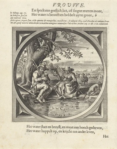 Doedelzak spelende man en een vrouw aan een waterkant by anonymous, print, 1625-1635