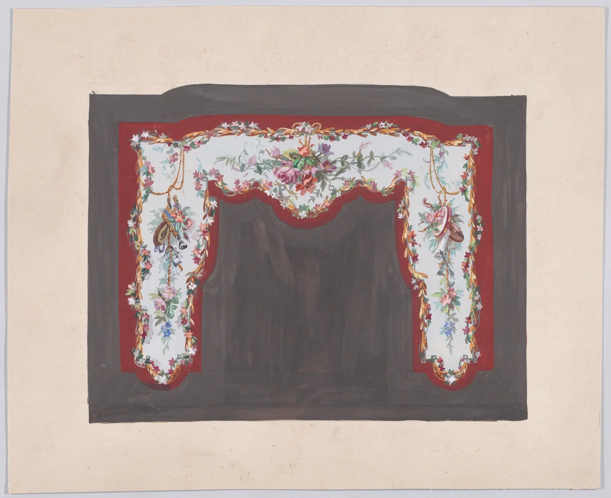Design for a Fireplace (?) with Bundles and Garlands of Flowers Decorated with Musical Instruments by anonymous, drawing, 1870-1900