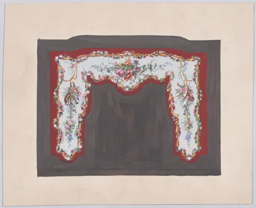 Design for a Fireplace (?) with Bundles and Garlands of Flowers Decorated with Musical Instruments by anonymous, drawing, 1870-1900