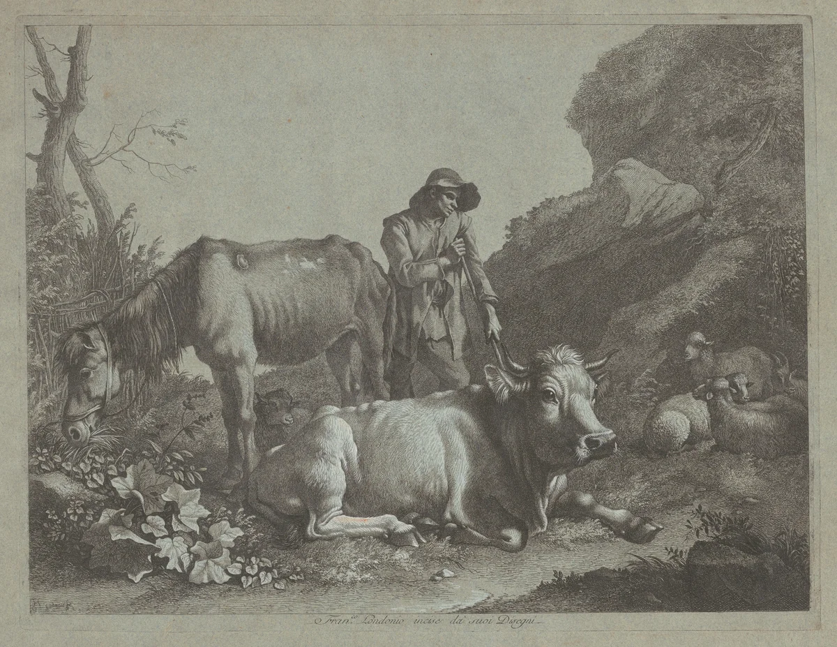 Shepherd Resting on a Walking Stick with an Old Horse and a Reclining Bull by Francesco Londonio, print, 1767