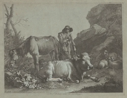 Shepherd Resting on a Walking Stick with an Old Horse and a Reclining Bull by Francesco Londonio, print, 1767