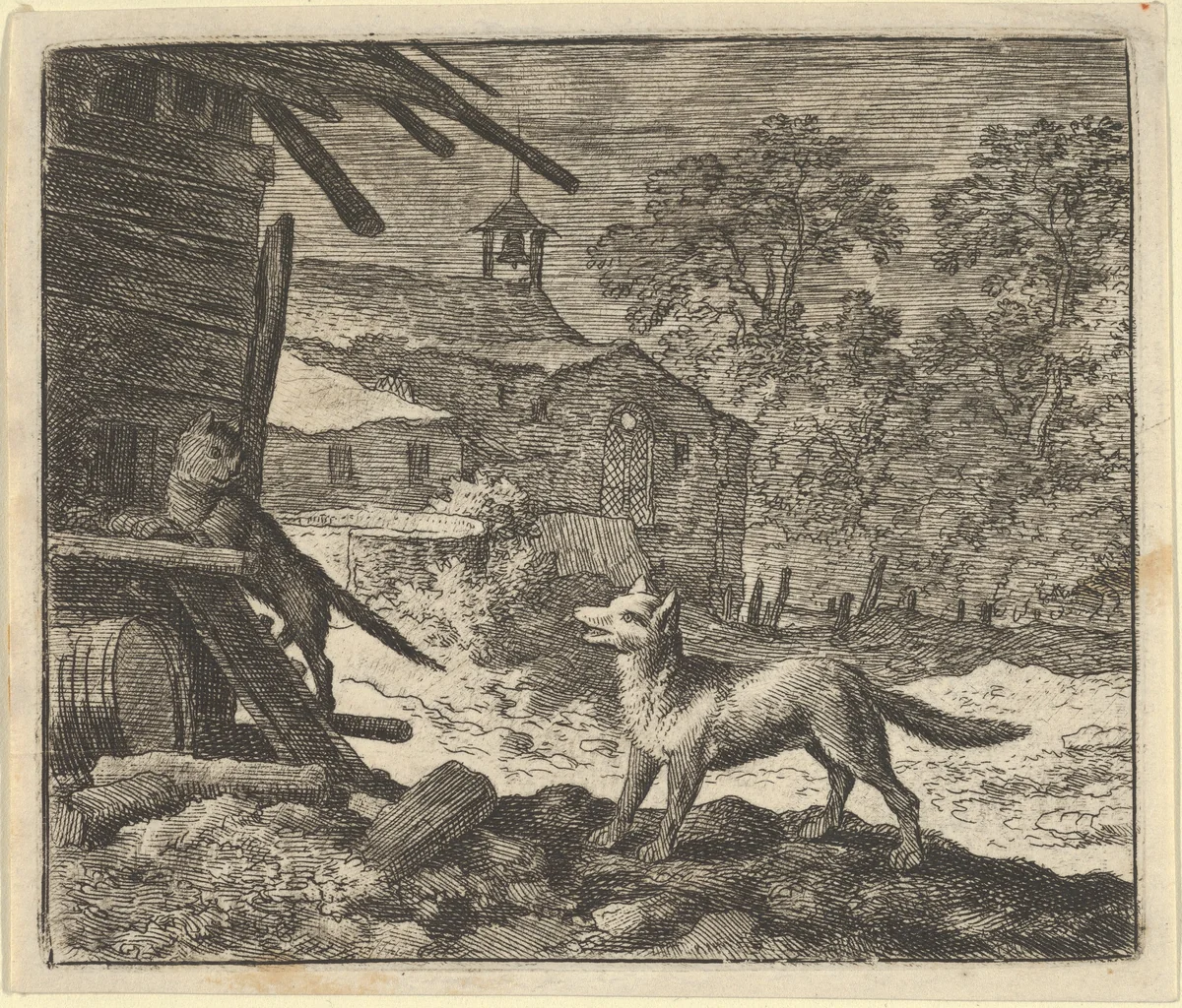 The Cat Climbs a Barn from Hendrick van Alcmar's Renard The Fox by Allart van Everdingen, print, 1650-1675