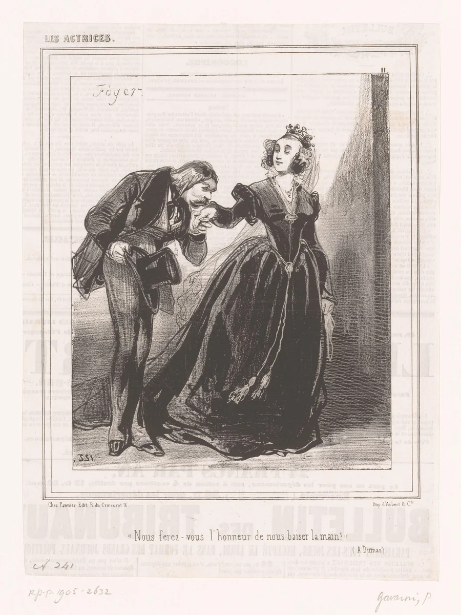 Man kust de hand van een actrice by Paul Gavarni, print, 1843