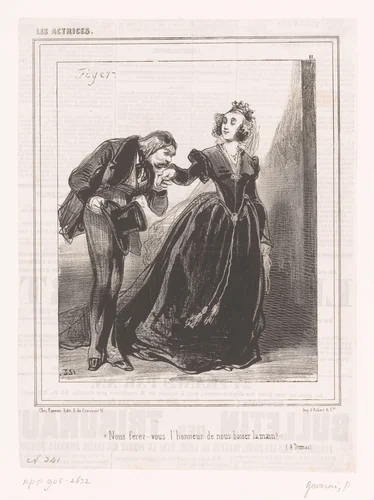 Man kust de hand van een actrice by Paul Gavarni, print, 1843
