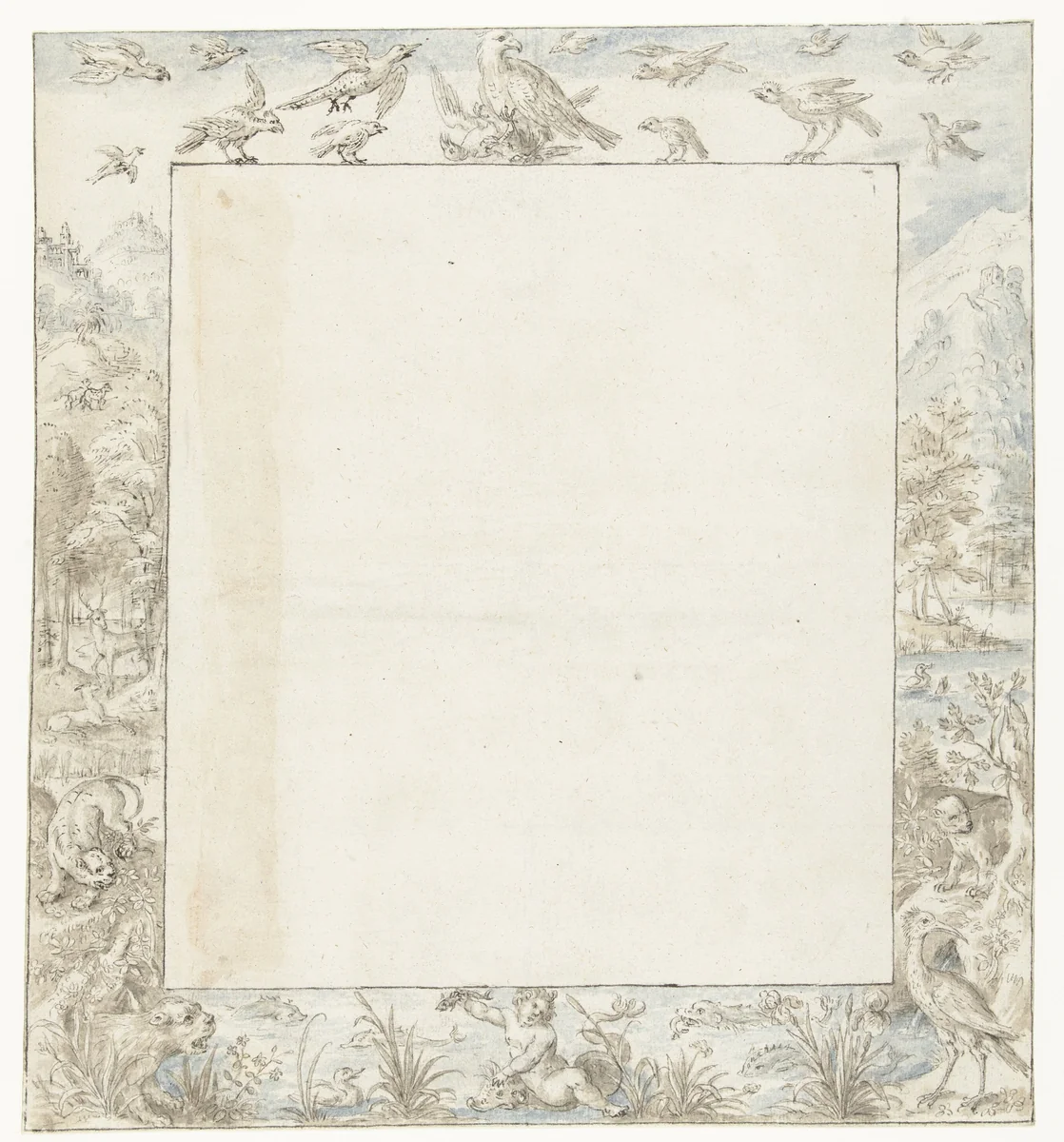 Randdecoratie met vogels en dieren in een landschap by anonymous, drawing, 1590-1610