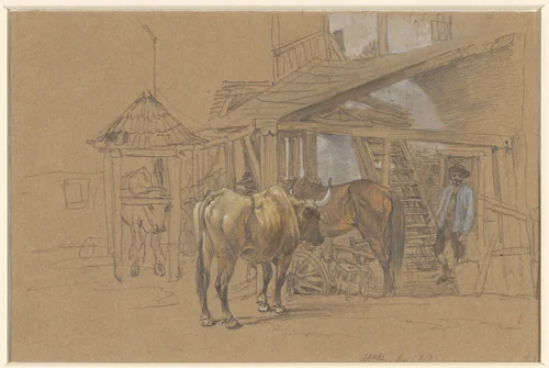 Ossen en een paard bij de hoefsmid by Johann Adam Klein, drawing, 1813