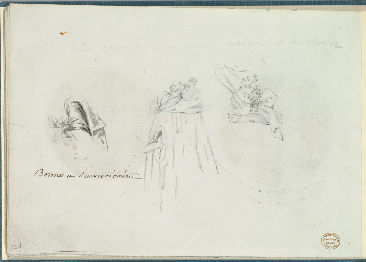 Three Costume Sketches of a Bonnet, a Cloak, and a Hat by anonymous, other, 1785-1790