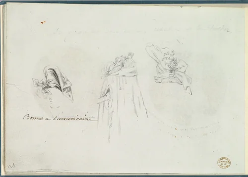 Three Costume Sketches of a Bonnet, a Cloak, and a Hat by anonymous, other, 1785-1790