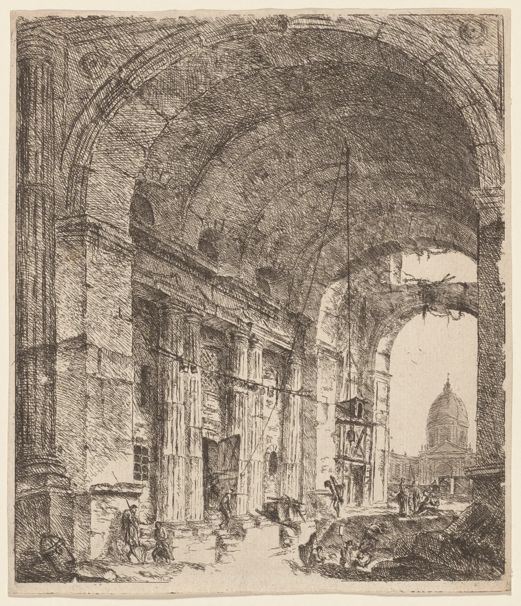 A Ruined Vault with a Vista of Saint Peter’s by Victor Louis, print, 1731-1802