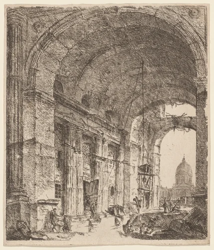 A Ruined Vault with a Vista of Saint Peter’s by Victor Louis, print, 1731-1802