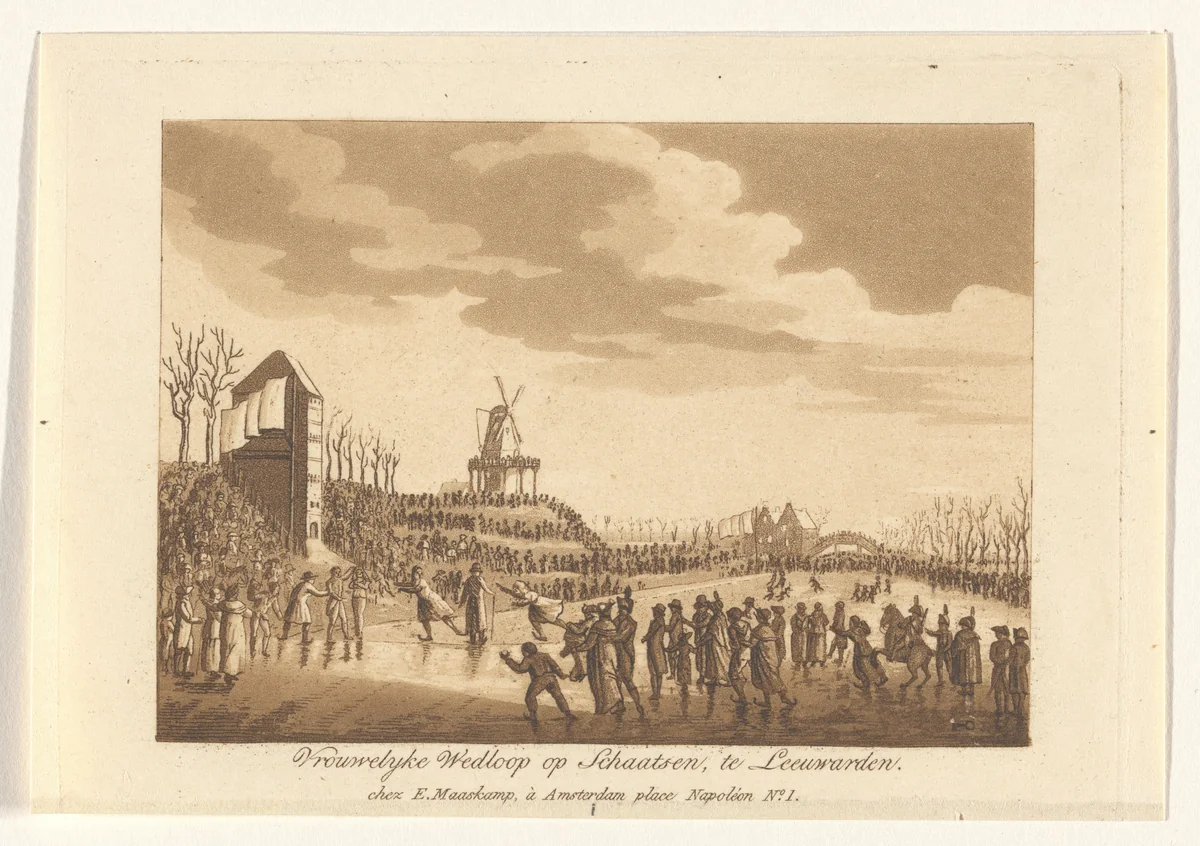 Vrouwelyke wedloop op Schaatsen, te Leeuwarden by Ludwig Gottlieb Portman, print, 1816