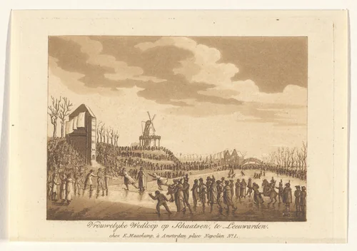 Vrouwelyke wedloop op Schaatsen, te Leeuwarden by Ludwig Gottlieb Portman, print, 1816