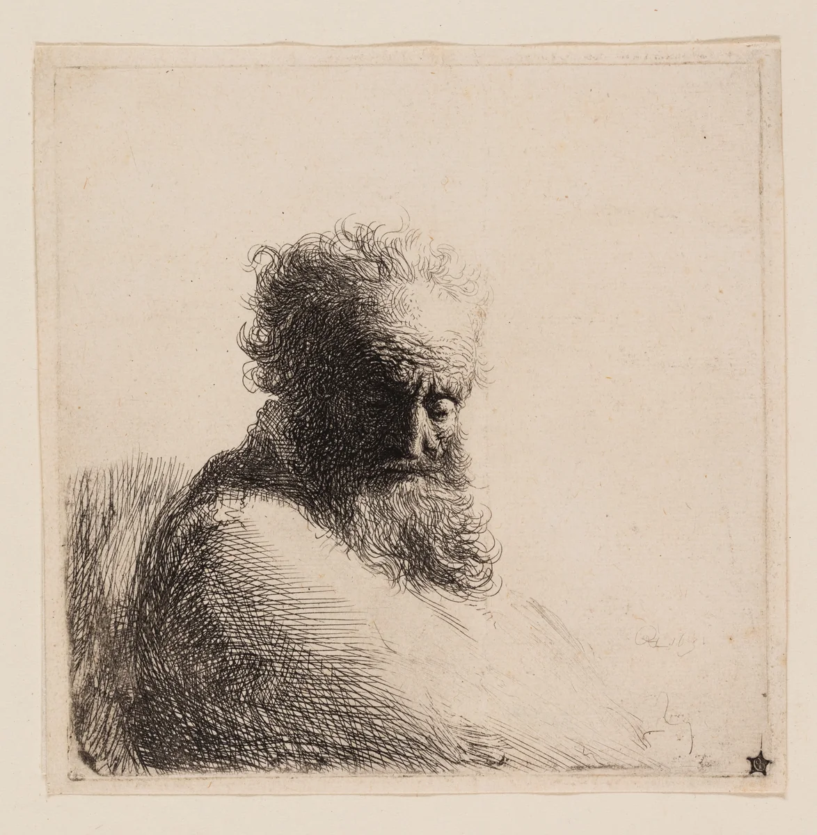 Bust of an Old Bearded Man, Looking Down, Three Quarters Right by Rembrandt van Rijn, print, 1631