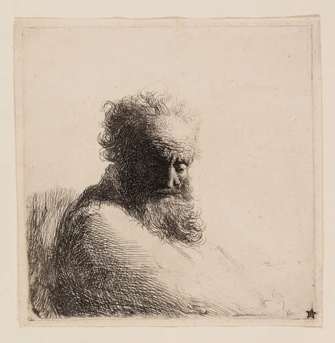 Bust of an Old Bearded Man, Looking Down, Three Quarters Right by Rembrandt van Rijn, print, 1631