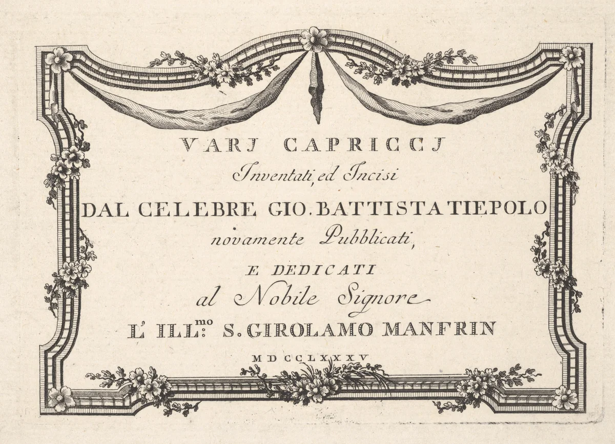 Title page, from "Vari Capricci" by Giovanni Battista Tiepolo, print, 1785