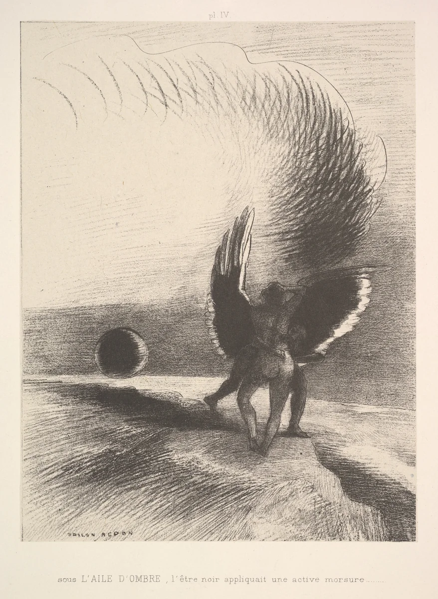 In the shadow of the wing, the black creature bit by Odilon Redon, print, 1891