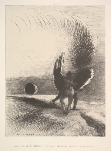 In the shadow of the wing, the black creature bit by Odilon Redon, print, 1891