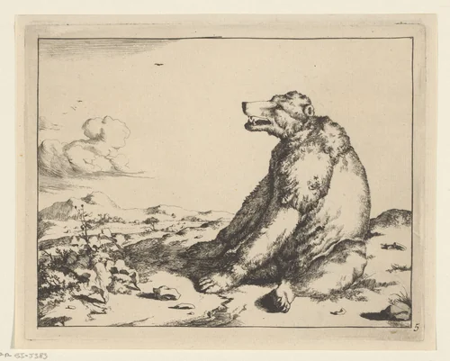 Zittende beer, en profil by Marcus de Bye, print, 1657-1677