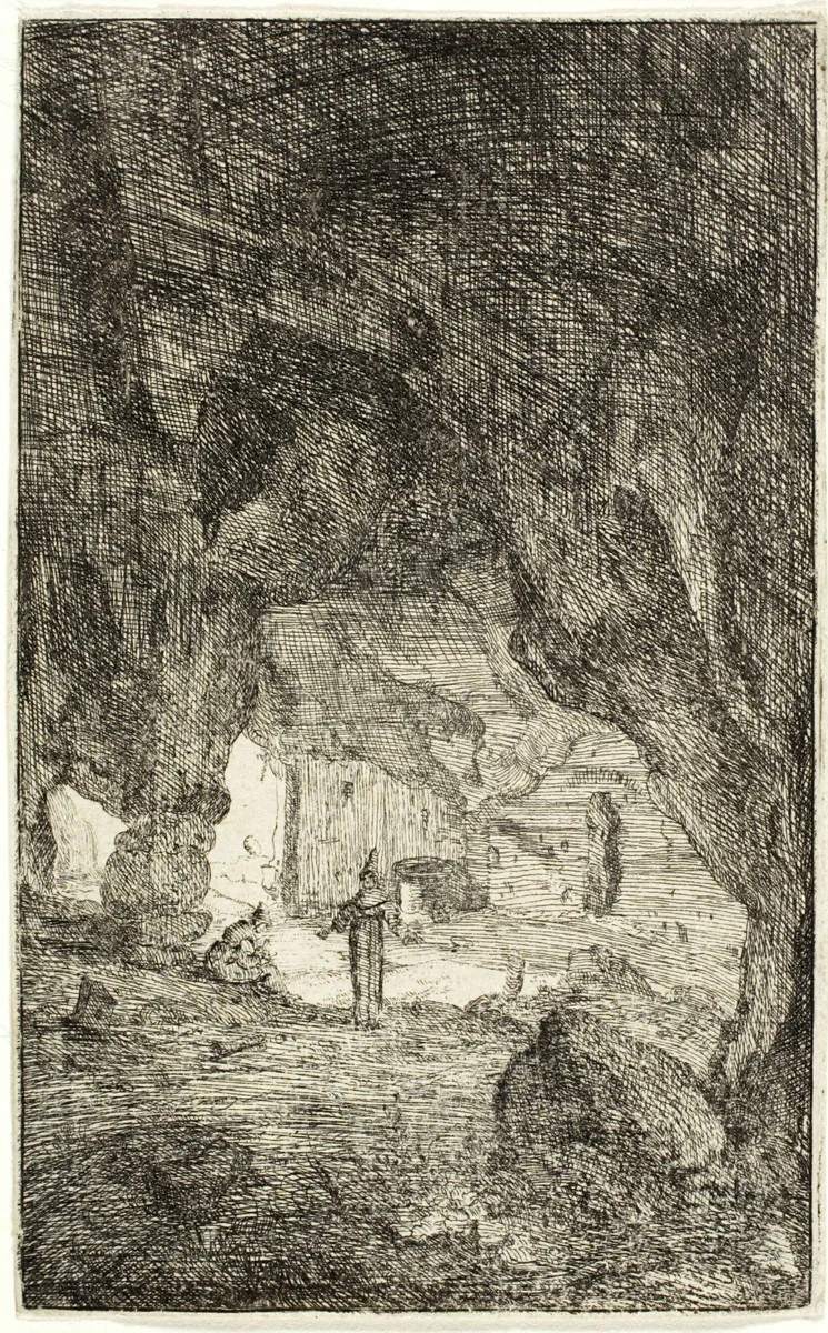 Grotto and Friars, from The Ruins of Rome by Bartholomeus Breenbergh, print, 1635-1645