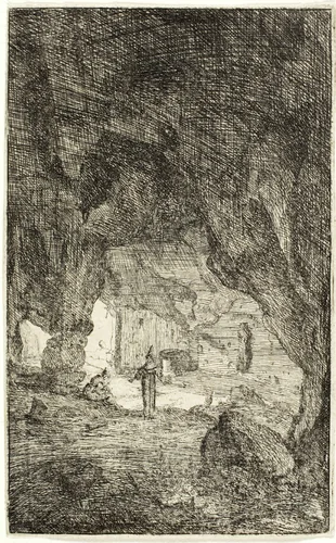 Grotto and Friars, from The Ruins of Rome by Bartholomeus Breenbergh, print, 1635-1645