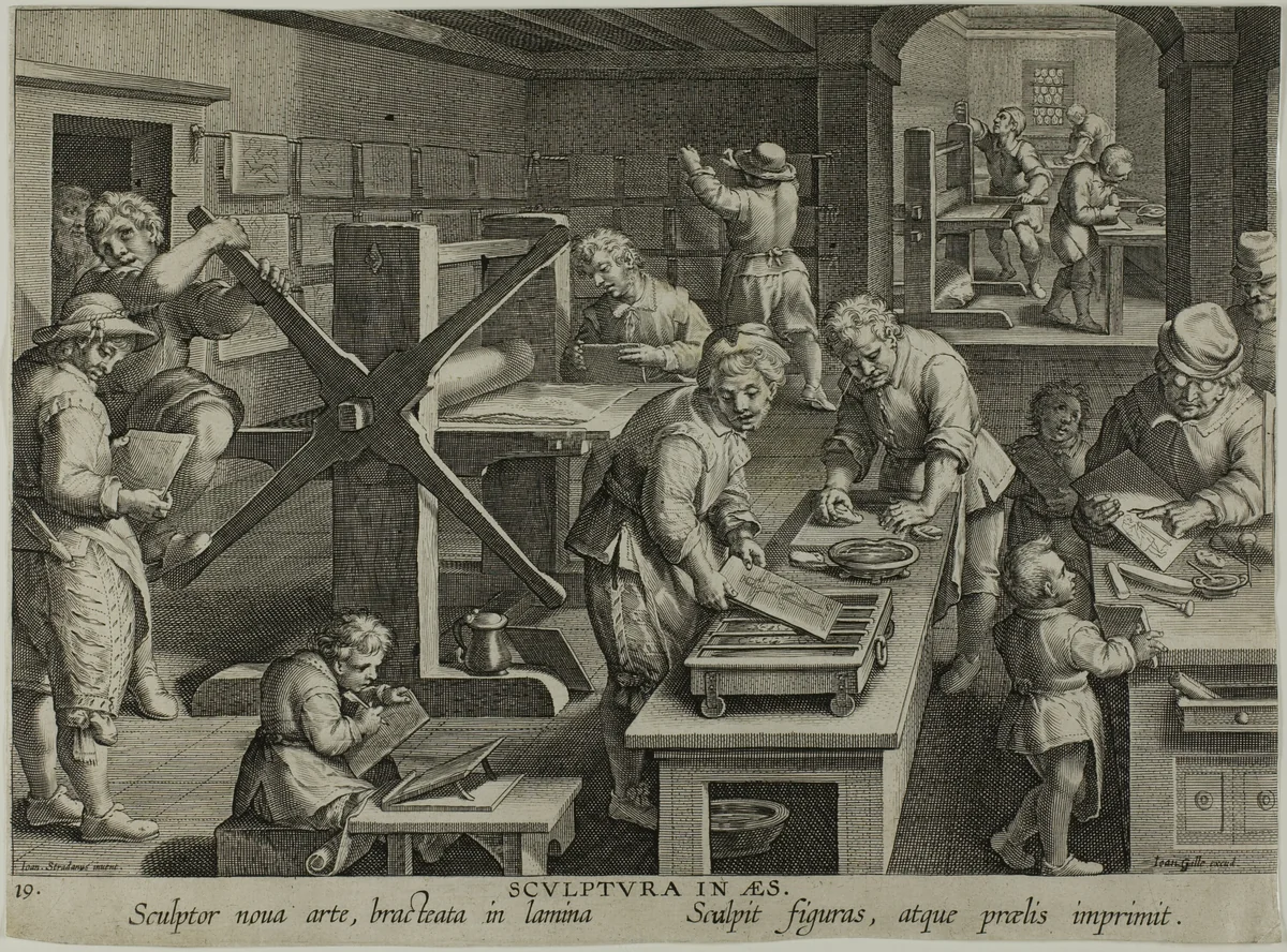 The Invention of Copper Engraving, from Nova Reperta by Theodor Galle, print, 1586-1596