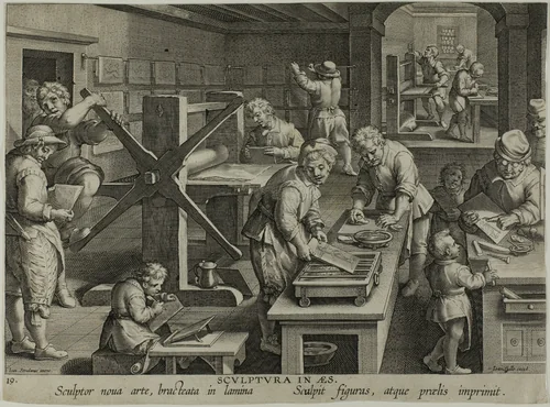 The Invention of Copper Engraving, from Nova Reperta by Theodor Galle, print, 1586-1596