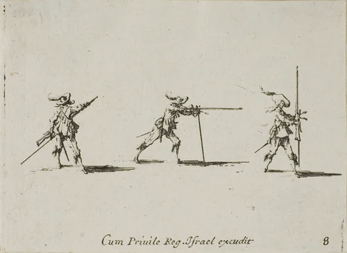 Taking the Firing Position with the Musket, plate eight from The Military Exercises by Jacques Callot, print, 1635