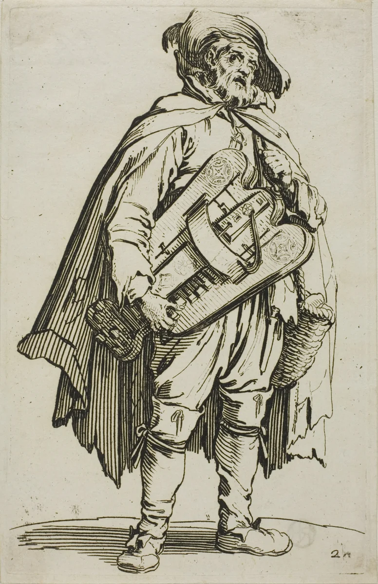 The Hurdy-Gurdy Player, plate two from The Beggars by Jacques Callot, print, 1617-1627