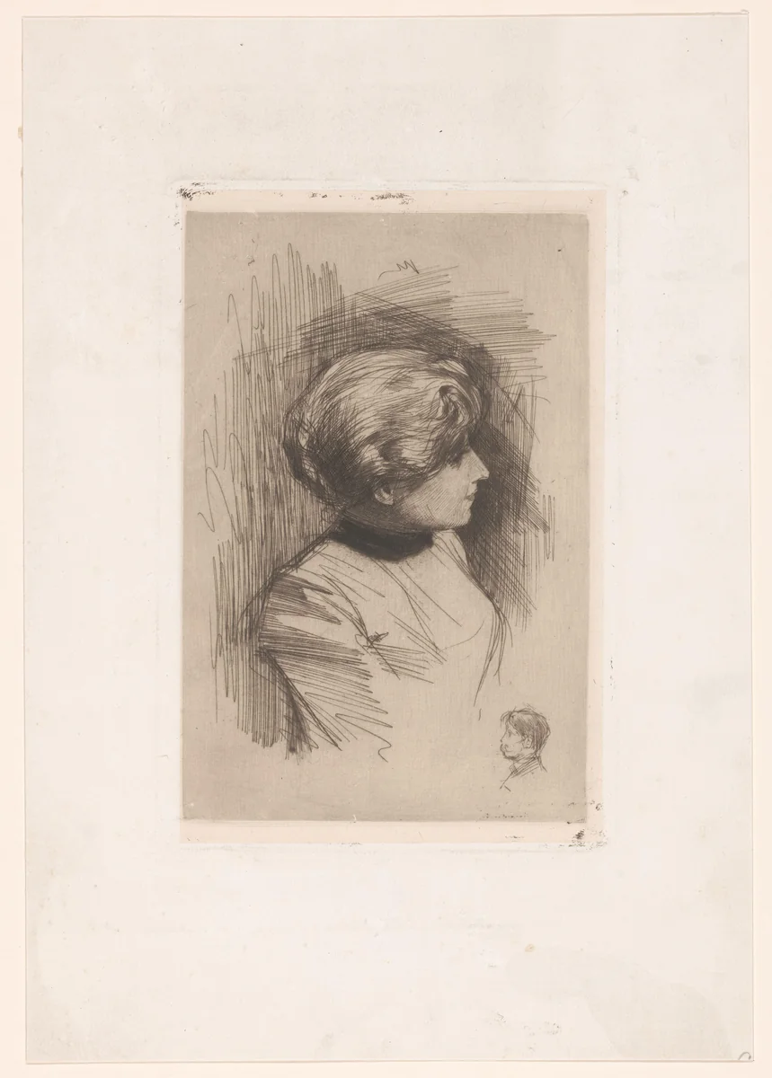 Portret van een onbekende vrouw by Nicolaas van der Waay, print, 1865-1936