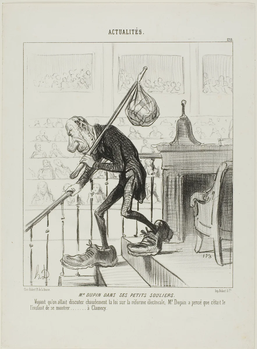 Mr. Dupin in His Little Shoes. Once Mr. Dupin noticed that one started a heated discussion about the reform of the election laws, he considered it the right moment to show himself at Clamecy, plate 123 from Actualités by Honoré-Victorin Daumier, print, 1850