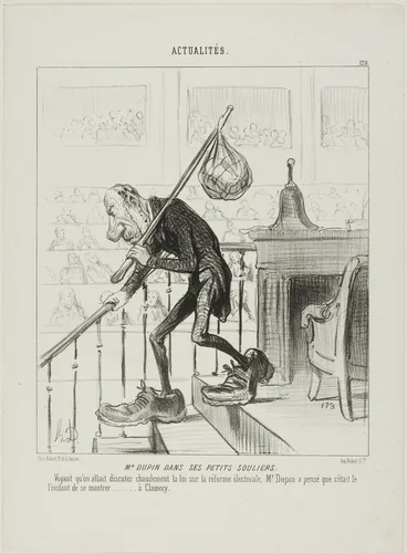 Mr. Dupin in His Little Shoes. Once Mr. Dupin noticed that one started a heated discussion about the reform of the election laws, he considered it the right moment to show himself at Clamecy, plate 123 from Actualités by Honoré-Victorin Daumier, print, 1850