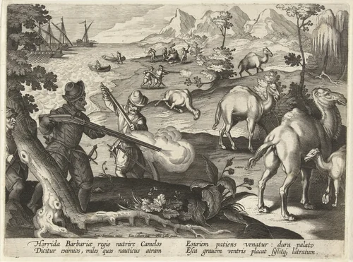 Jacht op kamelen by Unknown, print, 1594-1598