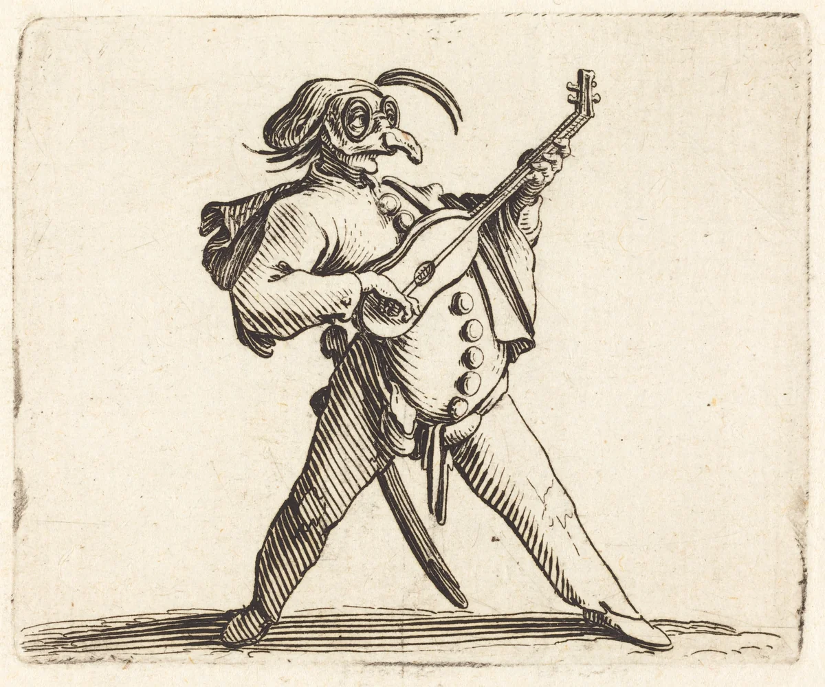 The Masked Comedian Playing a Guitar by Jacques Callot, print, 1622