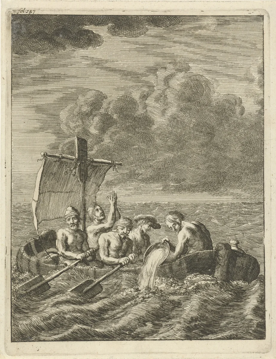 Vijf Engelse christenslaven ontvluchten Algiers per roeiboot, 1644 by Jan Luyken, print, 1684