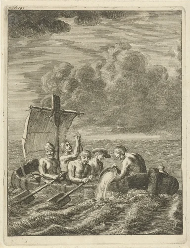 Vijf Engelse christenslaven ontvluchten Algiers per roeiboot, 1644 by Jan Luyken, print, 1684