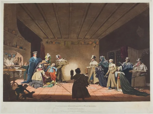 Cottagers' Hospitality to Travellers or The Coach Broke Down by James Pollard, print, 1819