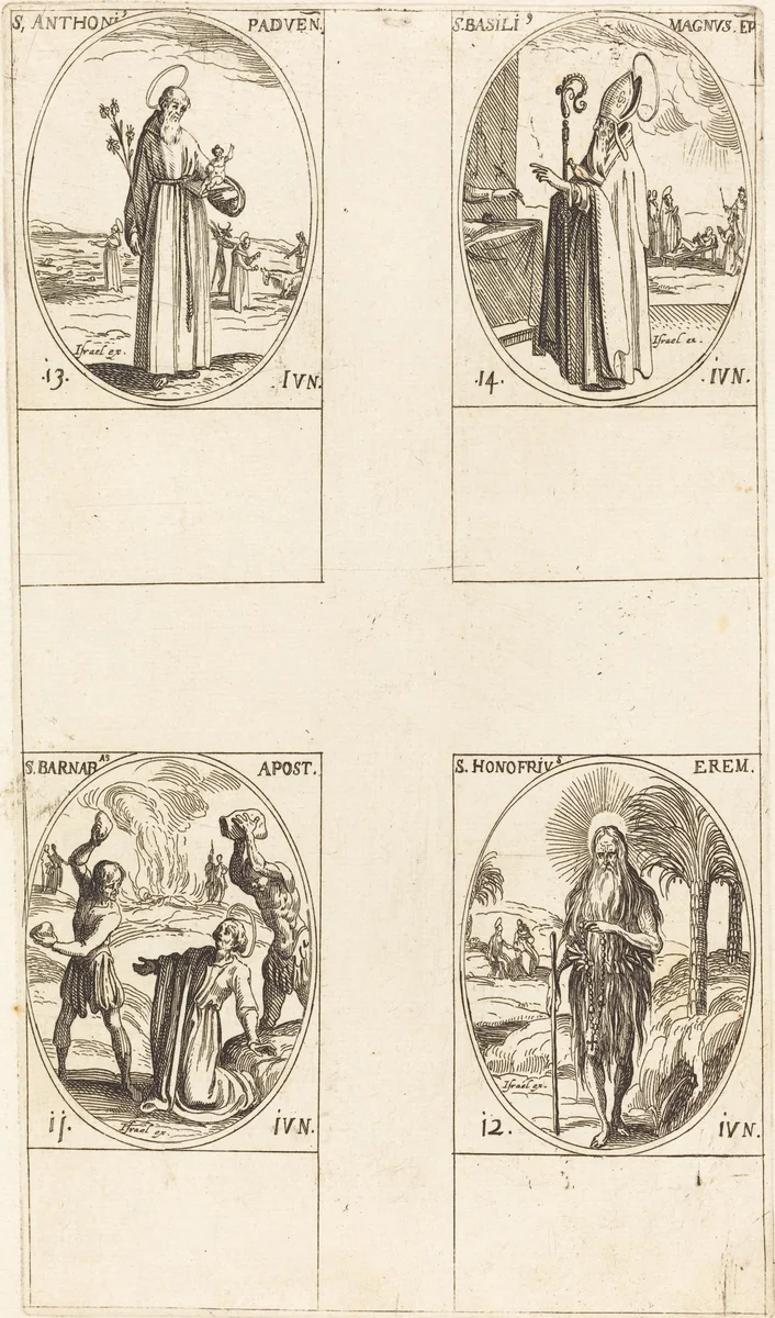 St. Barnabas, Apostle; St. Honofrius; St. Anthony of Padua; St. Basil the Great by Jacques Callot, print, 1627-1637