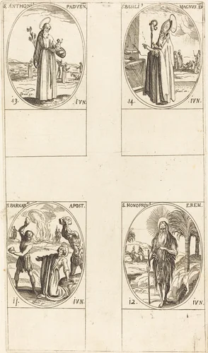 St. Barnabas, Apostle; St. Honofrius; St. Anthony of Padua; St. Basil the Great by Jacques Callot, print, 1627-1637