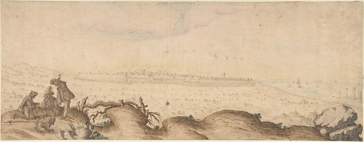 Three Men and a Dog on a Hill by Ercole Bazicaluva, drawing, 1600-1638