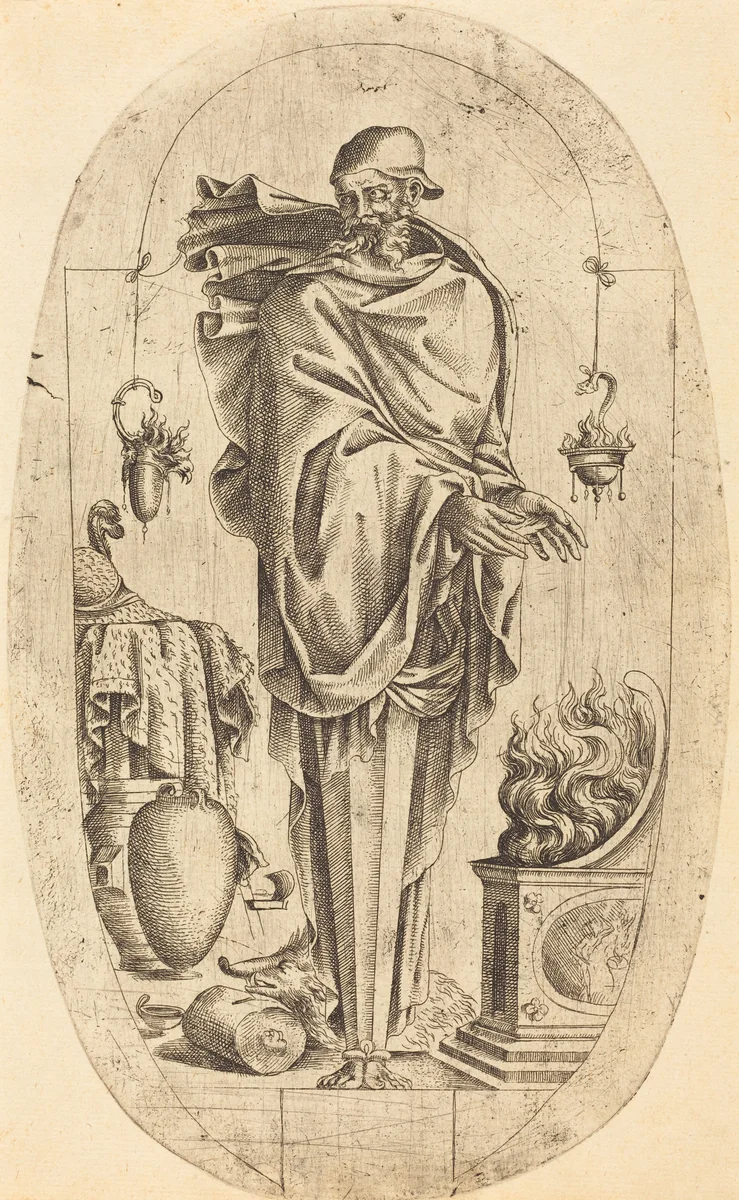 Old Man Warming His Hands by Jean Mignon, print, 1523-1603